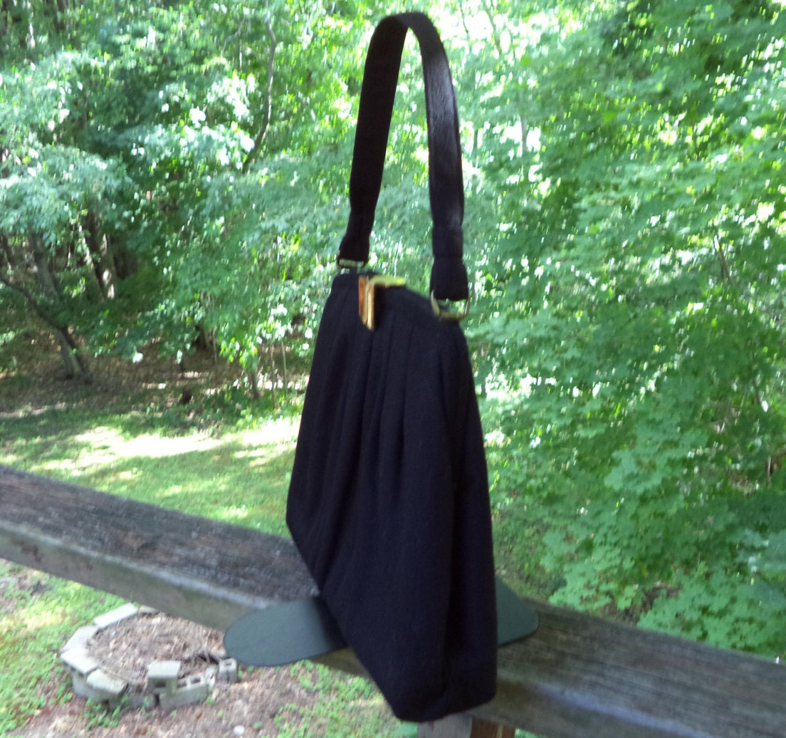 Vintage Black Wool Handbag – Gold Tone Clasp, Black Satin Lining, Never Carried