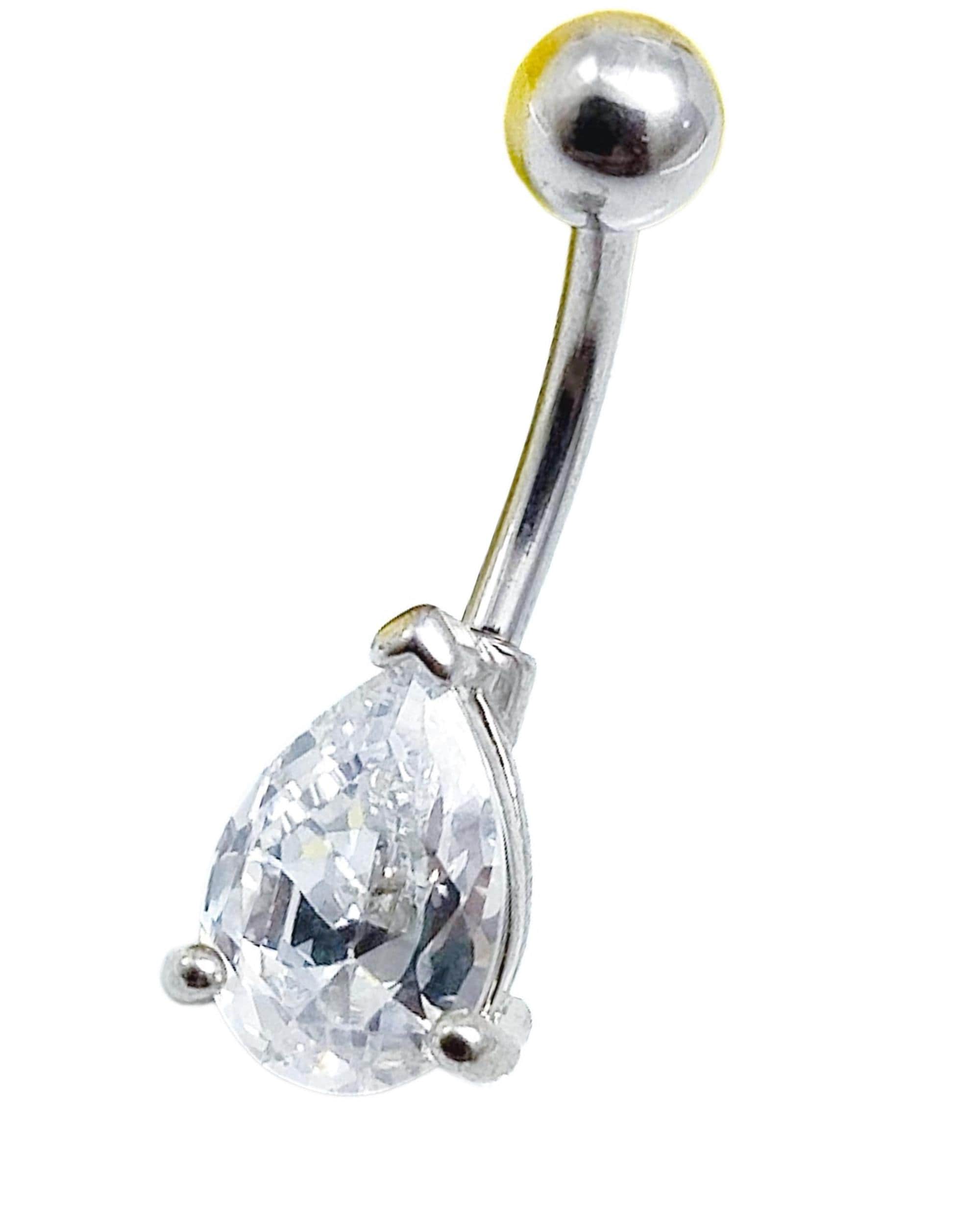 Teardrop Belly Ring – 14G Diamond-Like Prong Setting, Surgical Steel