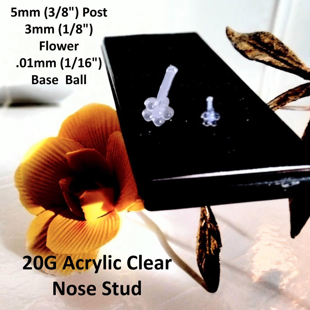 20G Clear Acrylic Flower Nose Stud – 3mm 5-Petal Top, Retainer or Everyday Wear