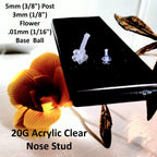 20G Clear Acrylic Flower Nose Stud – 3mm 5-Petal Top, Retainer or Everyday Wear