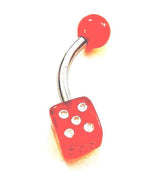 14G UV Reactive Red Dice Belly Ring – Surgical Steel Curved Barbell, 5/8"