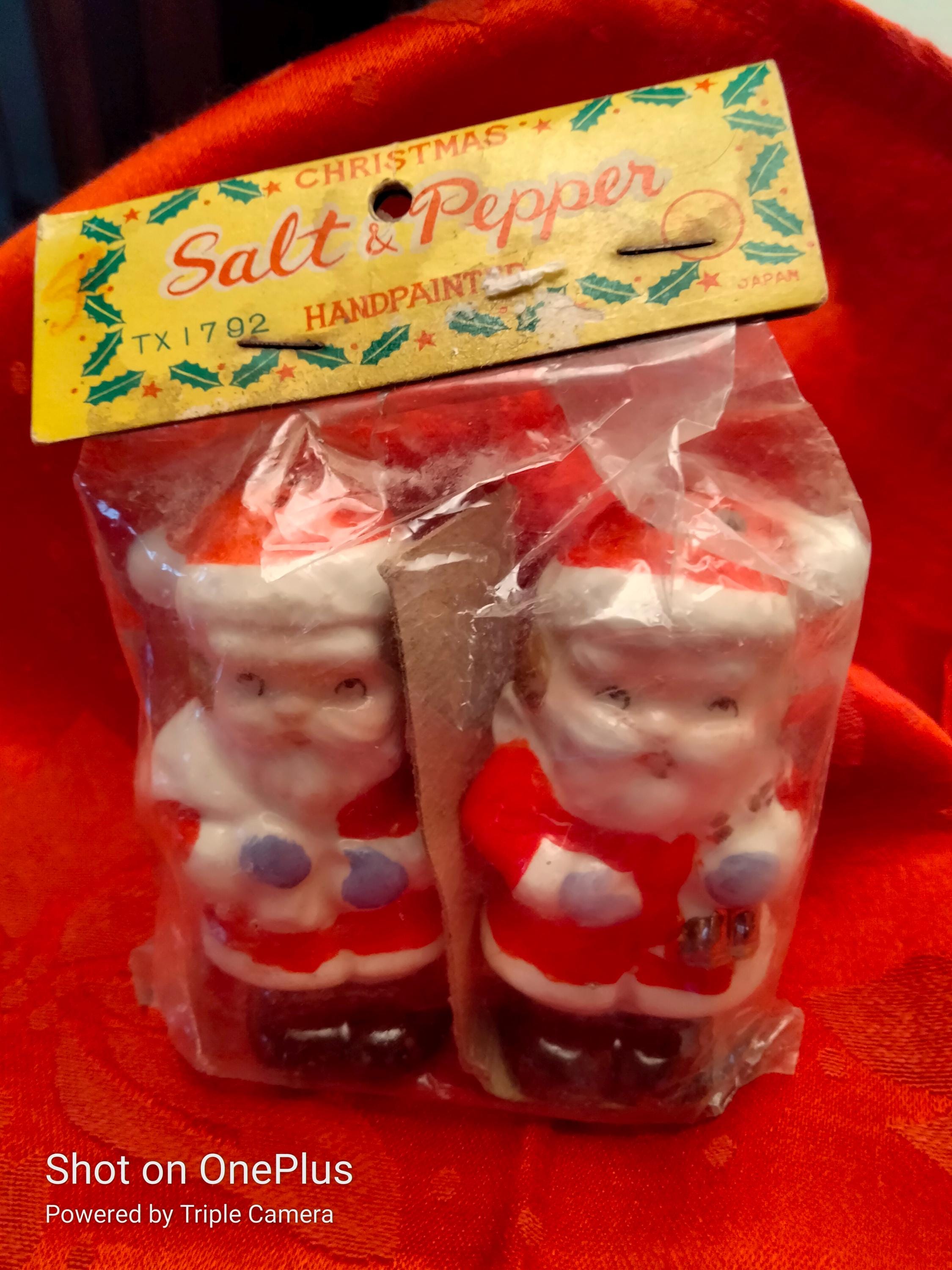 Vintage 1960s Santa & Mrs. Claus Salt & Pepper Shakers + 1970s Plaster Sheep Ornament – Original Packaging