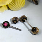 14G Faux Moonstone Nipple Rings – 316L Surgical Steel, Pink-Rouge Cabochon, Sold as Pair