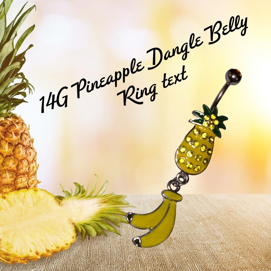 14G Pineapple Dangle Belly Ring – Surgical Steel with Yellow Rhinestones