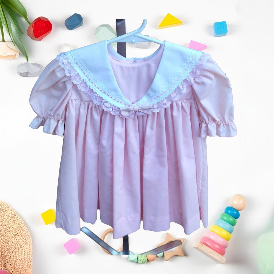 Vintage Handmade Pink Linen Toddler Dress – 2T, Lace Collar & Ribbon Trim