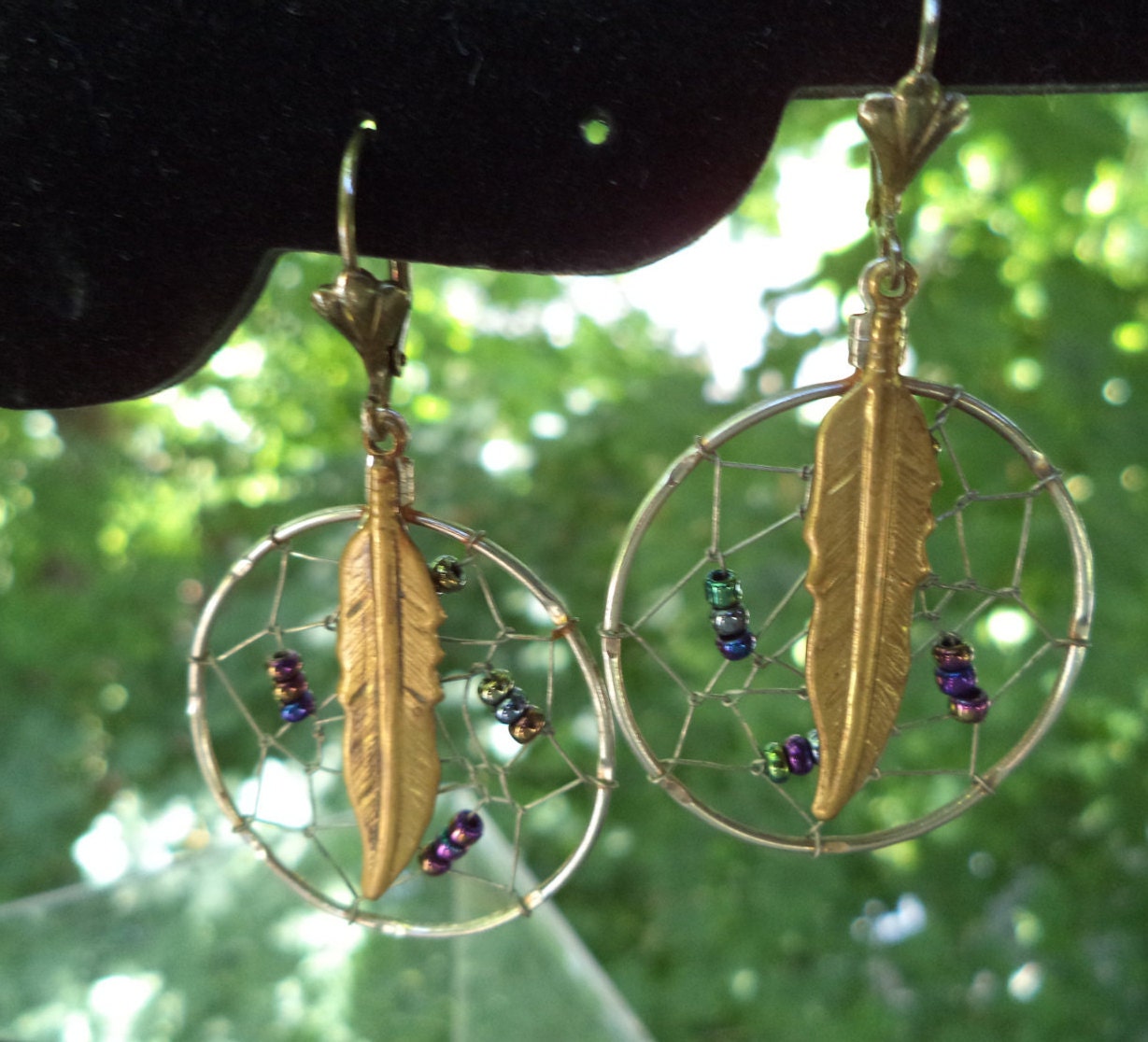 Vintage Handmade Dreamcatcher Earrings – Silver Wire, Gold Feather & Seed Beads