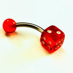 14G UV Reactive Red Dice Belly Ring – Surgical Steel Curved Barbell, 5/8"
