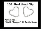 16G Heart Clip Earring – Stainless Steel, Daith, Tragus & Cartilage