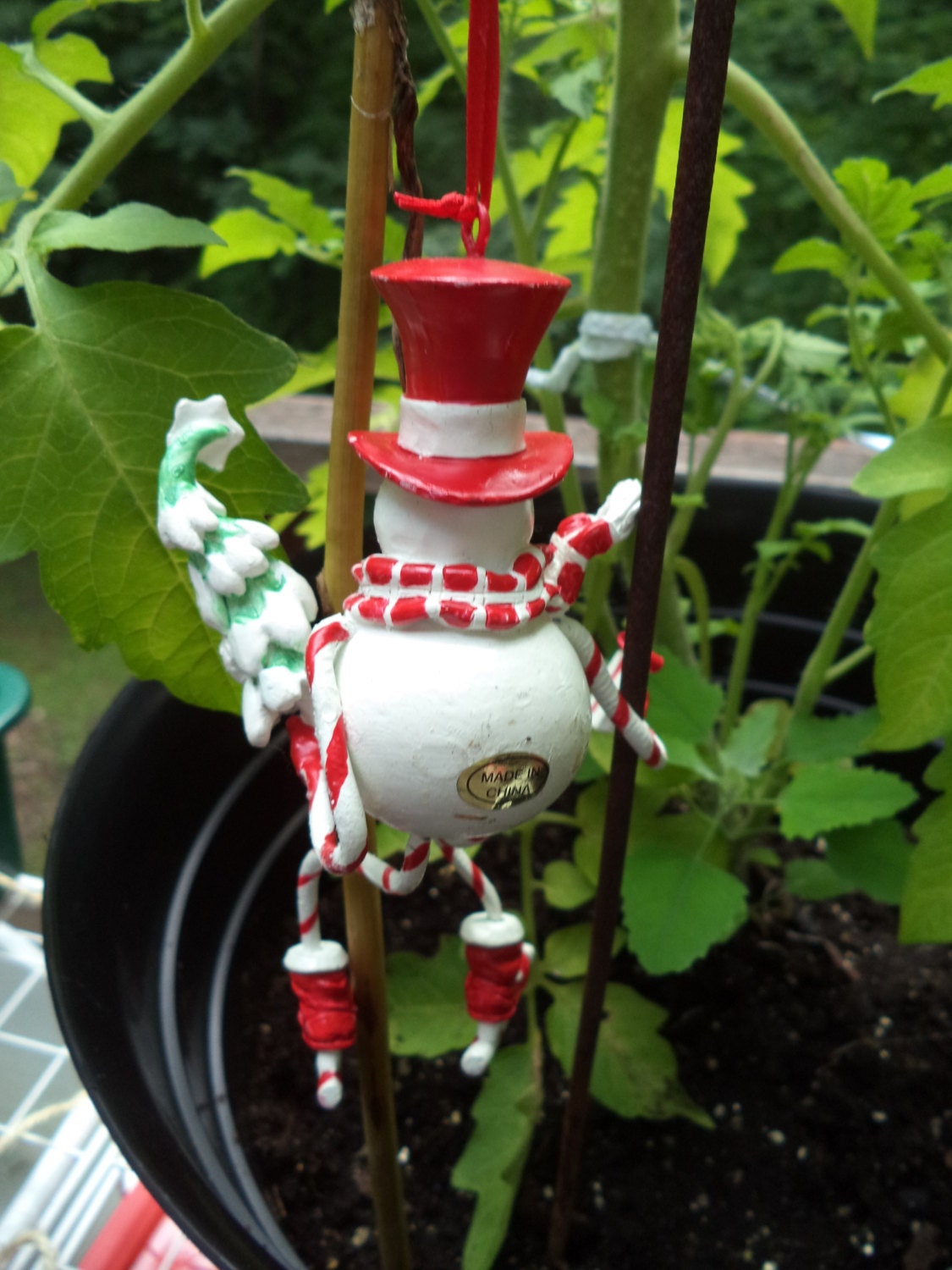 Ice Skating Snowman Christmas Ornament – Wood & Glitter, Striped Scarf & Red Top Hat
