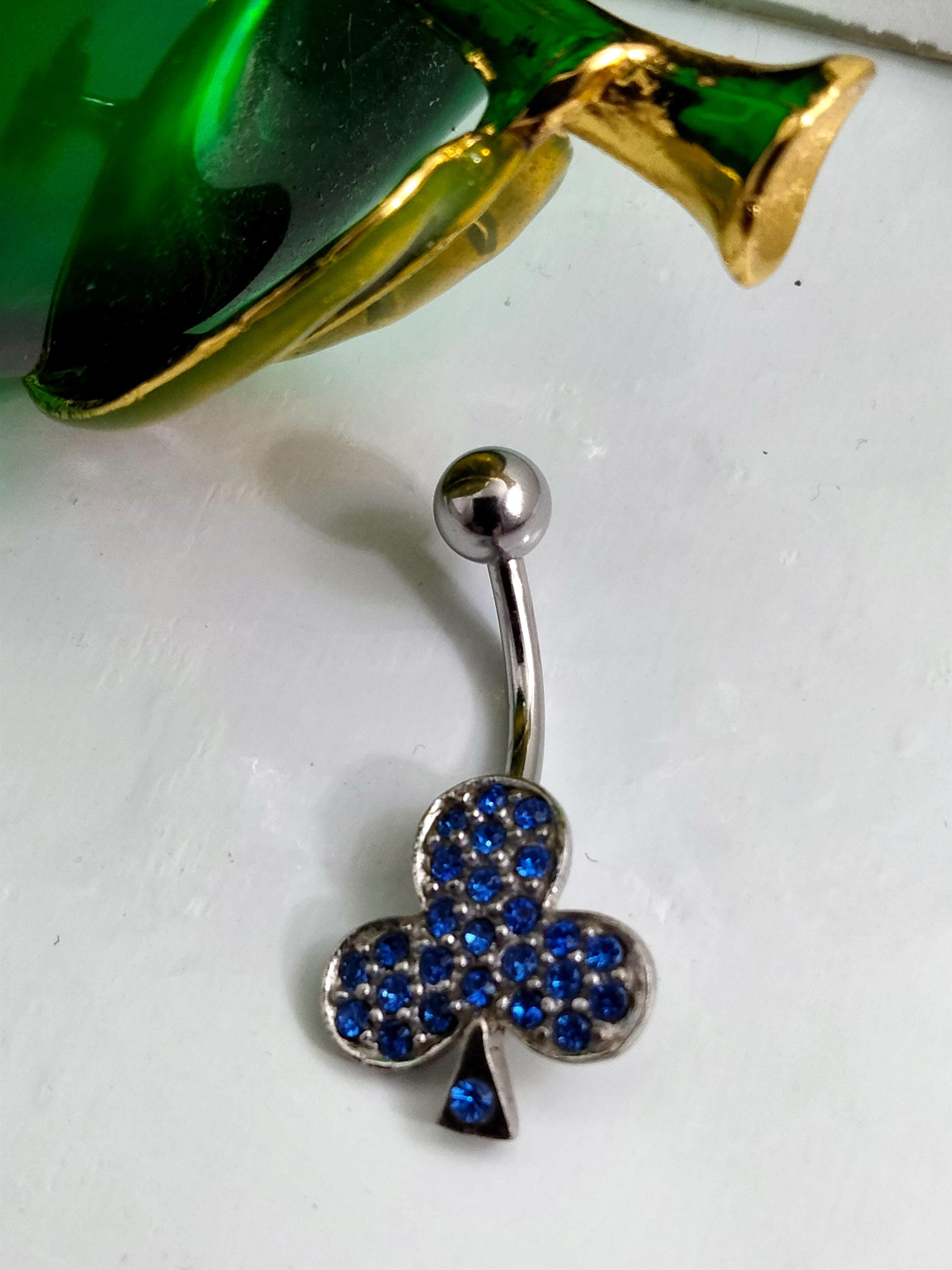 Blue Rhinestone Clover Belly Ring – Surgical Steel
