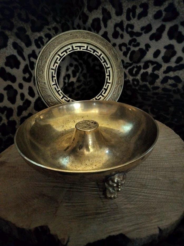 Solid Brass Cigar Ashtray & Incense Burner | Ornate Lid | Mid-Century Vintage