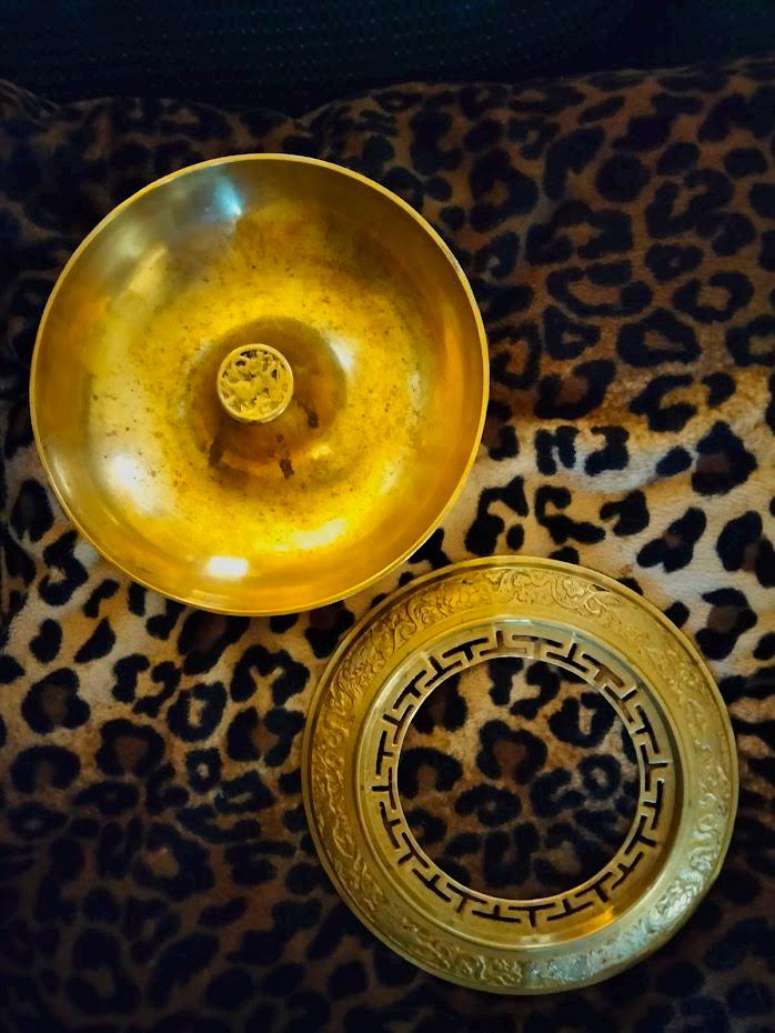 Solid Brass Cigar Ashtray & Incense Burner | Ornate Lid | Mid-Century Vintage