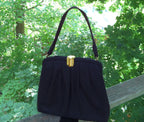 Vintage Black Wool Handbag – Gold Tone Clasp, Black Satin Lining, Never Carried