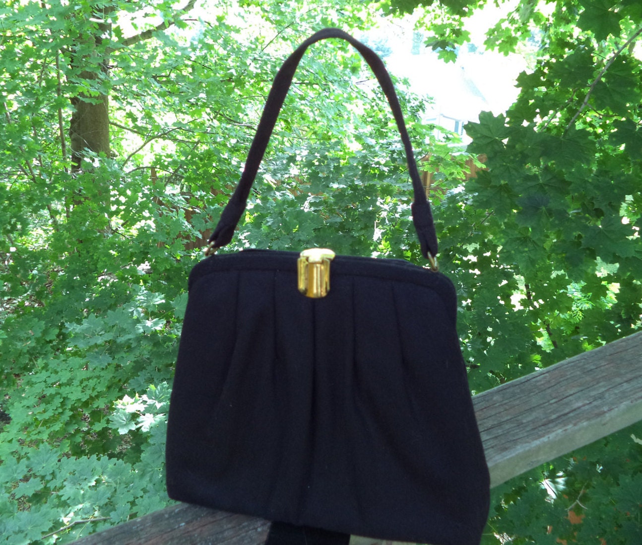 Vintage Black Wool Handbag – Gold Tone Clasp, Black Satin Lining, Never Carried