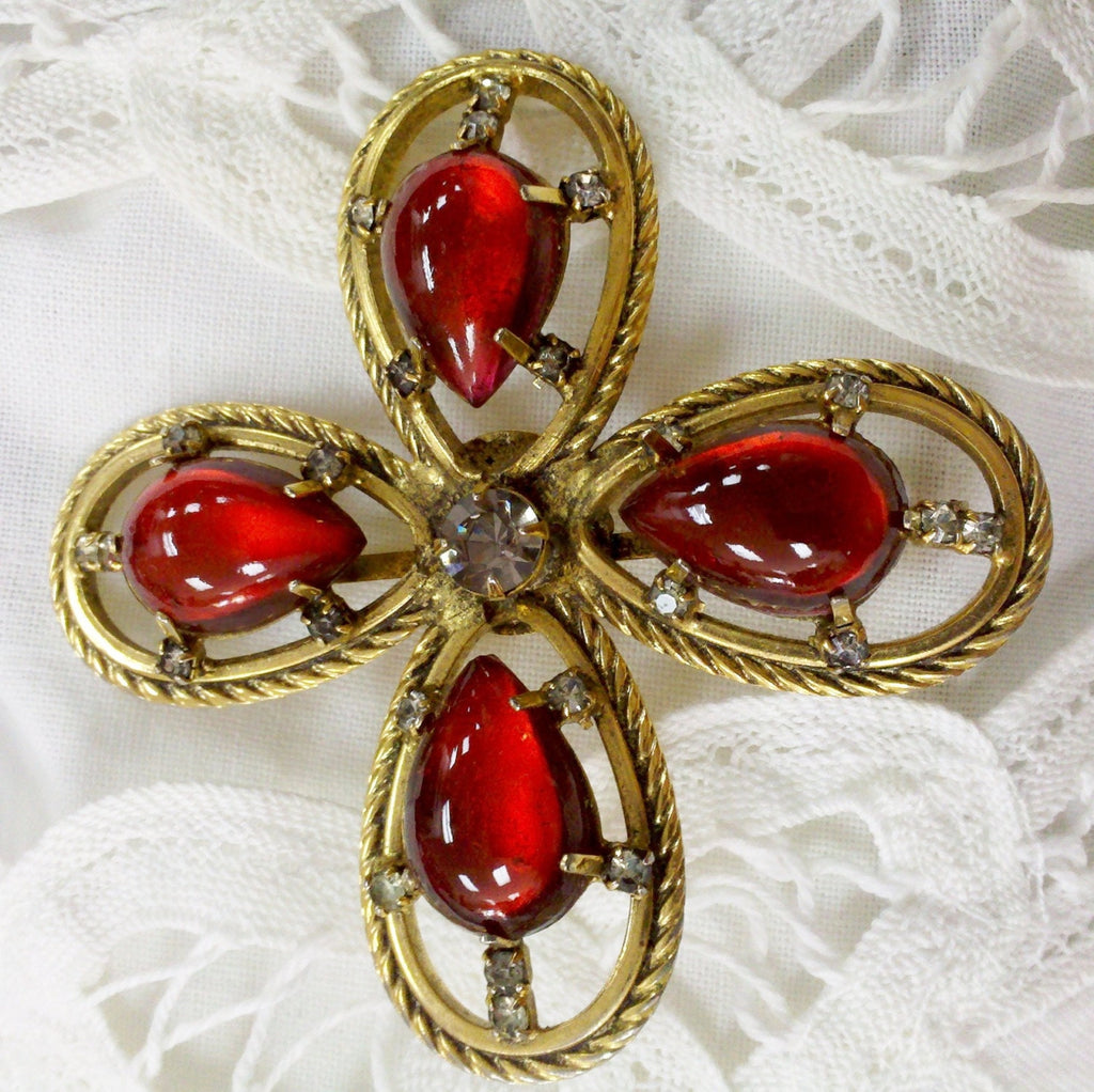 Vintage 1960s Signed Freirich Maltese Cross Brooch – Ruby Red Poured Glass & Rhinestones