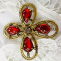 Vintage 1960s Signed Freirich Maltese Cross Brooch – Ruby Red Poured Glass & Rhinestones
