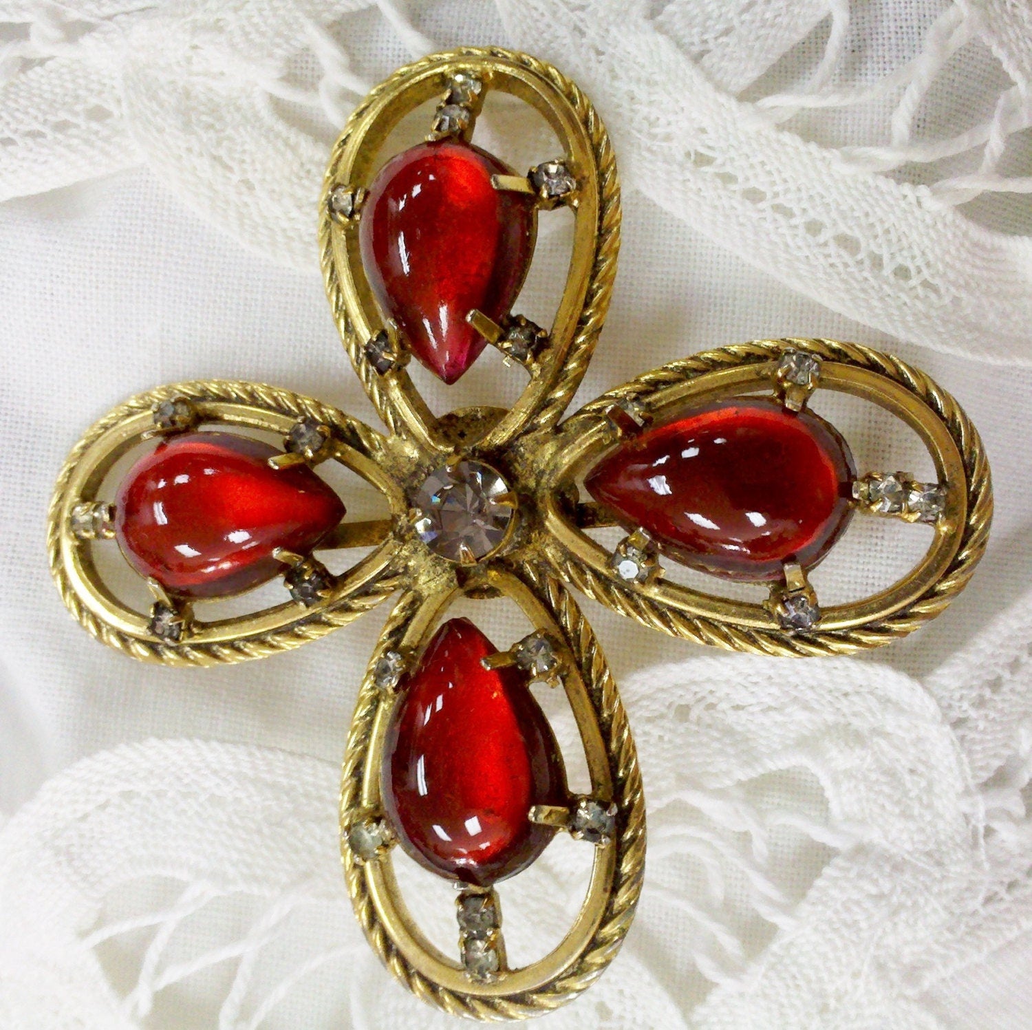 Vintage 1960s Signed Freirich Maltese Cross Brooch – Ruby Red Poured Glass & Rhinestones