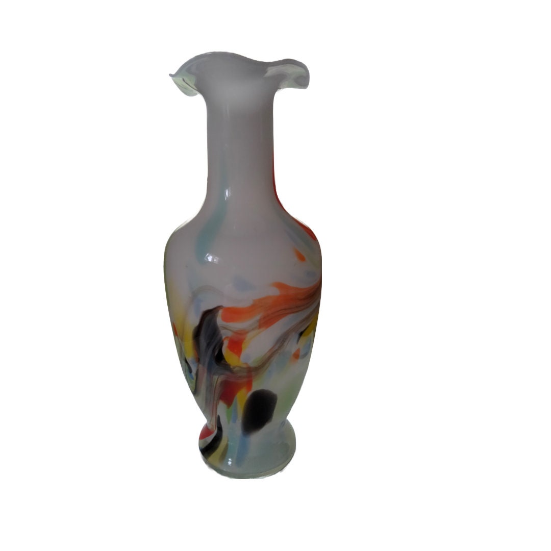 Vintage White-Cased Blown Glass Vase – 15", Murano-Style Marbleized Swirls