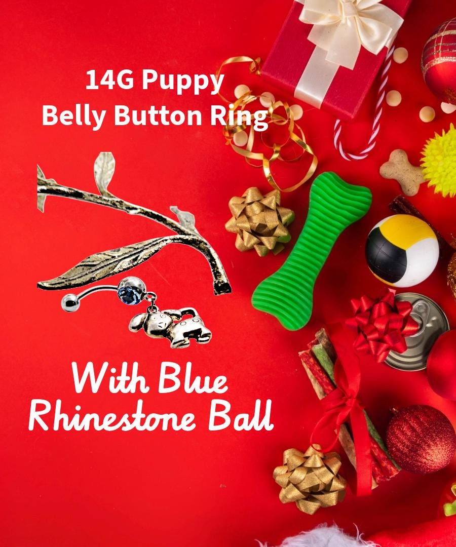 Puppy Dangle Belly Ring – 14G Blue Rhinestone, Surgical Steel