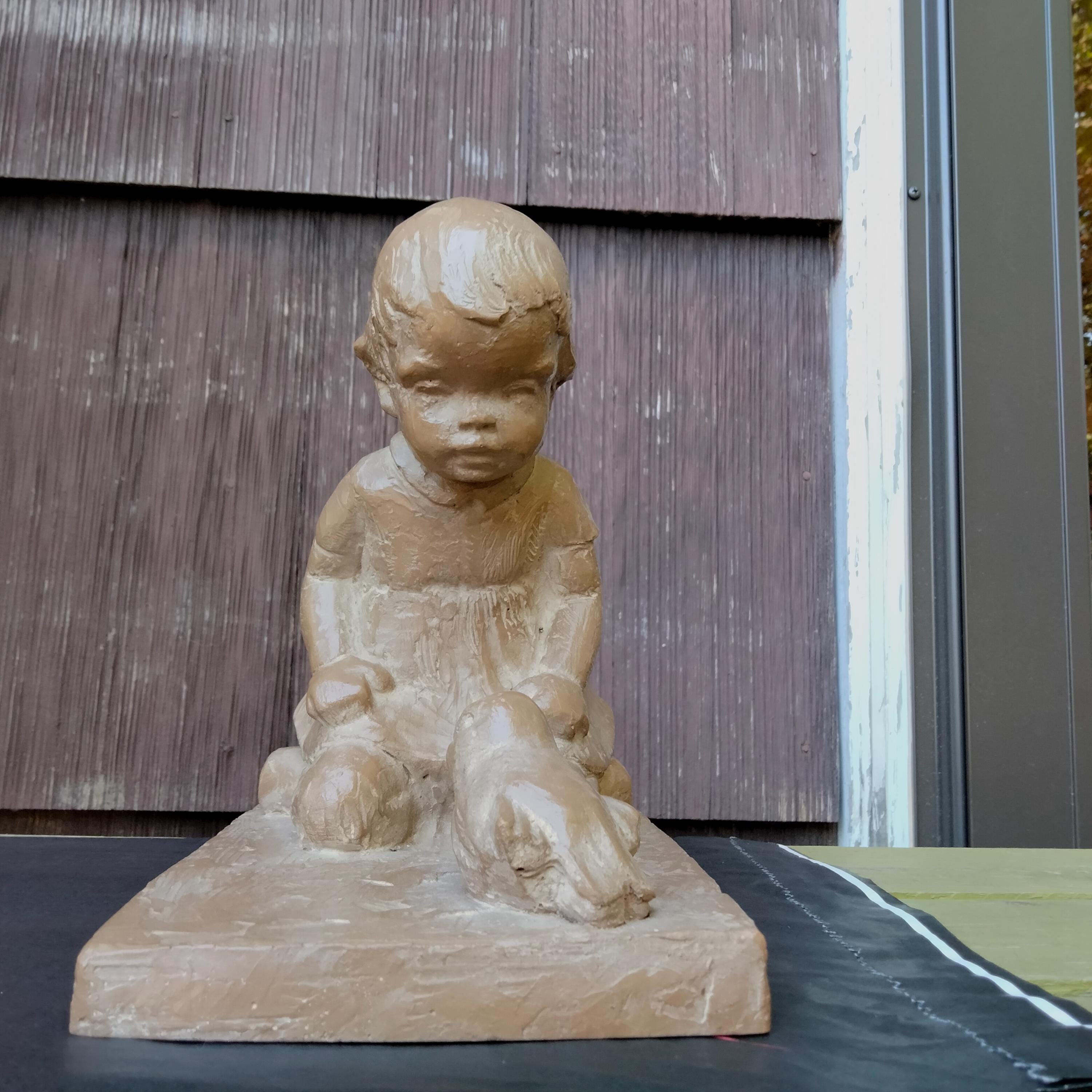 Vintage Haeger Ceramic Sculpture – Martie Strubel “Magical Moment” Kneeling Girl with Bird, 1980s