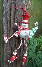 Ice Skating Snowman Christmas Ornament – Wood & Glitter, Striped Scarf & Red Top Hat