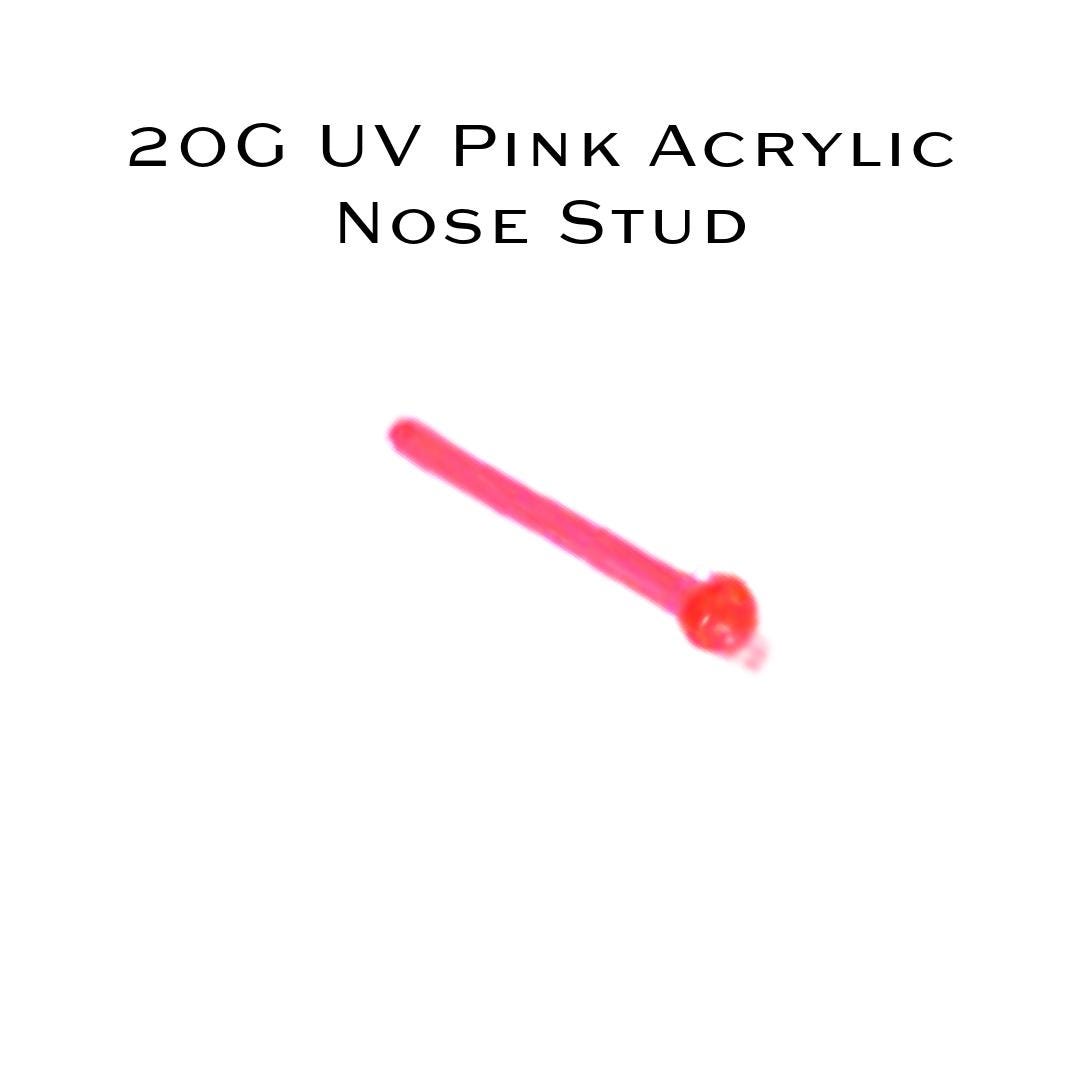 20G UV Reactive Pink Acrylic Nose Stud – 2mm Ball, Non-Flexible, Metal-Free