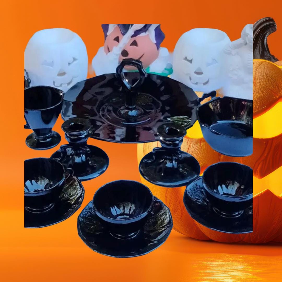 13-Piece Vintage Black Amethyst Glass Hostess Set | Art Deco Gothic Glam | 1930s