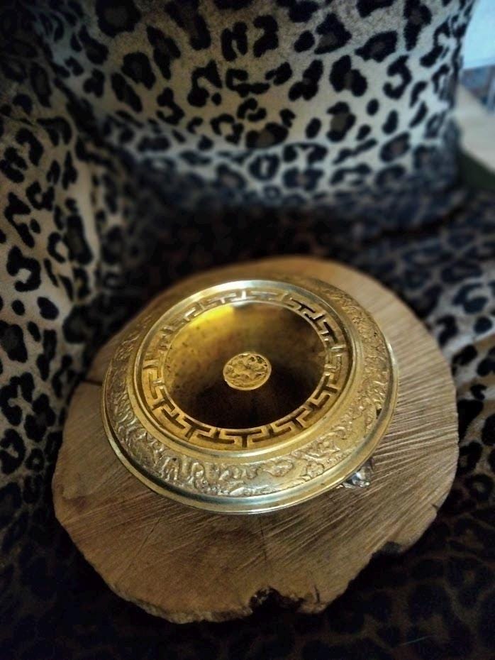 Solid Brass Cigar Ashtray & Incense Burner | Ornate Lid | Mid-Century Vintage
