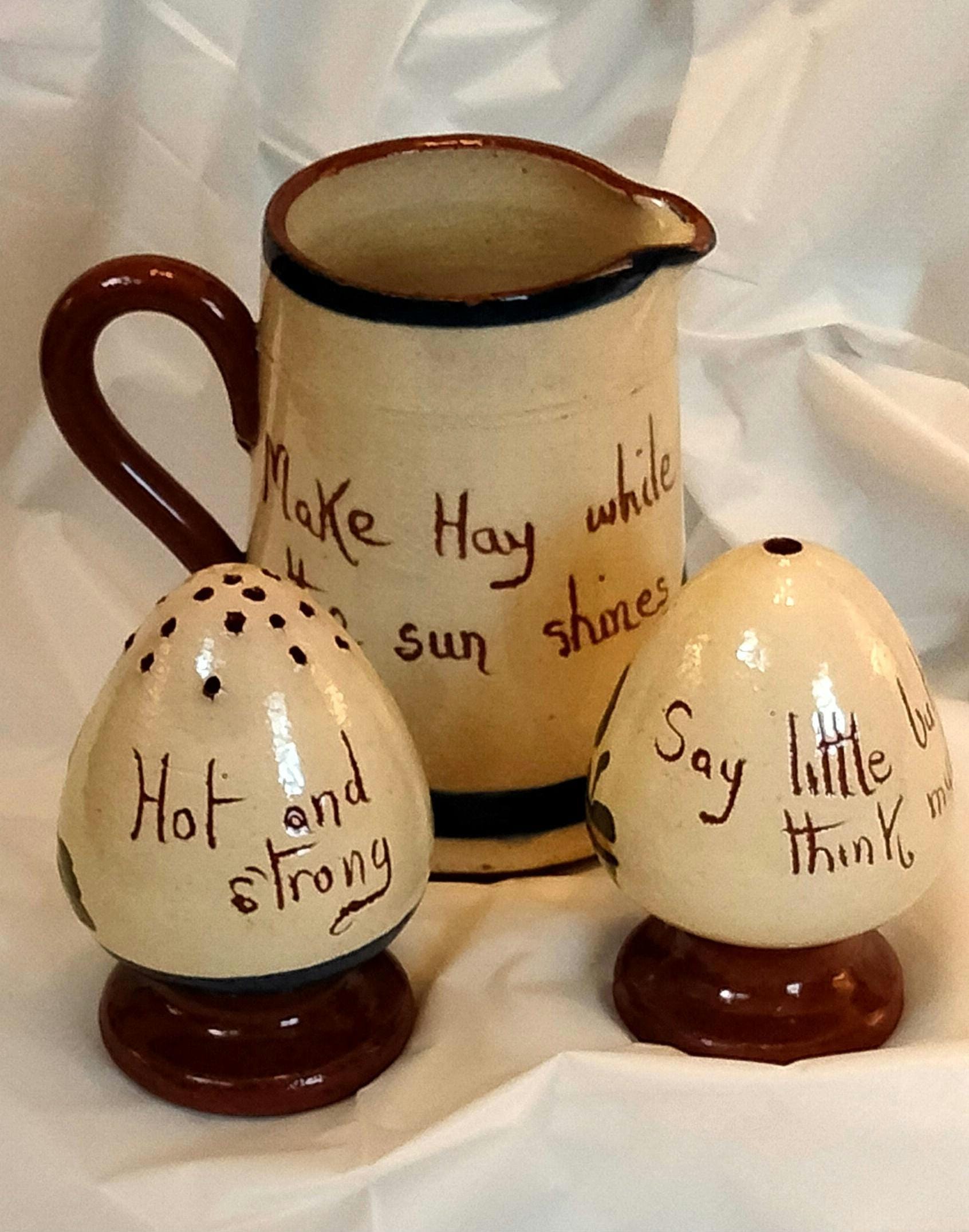 Vintage Watcombe Torquay Motto Ware Salt, Pepper & Creamer Set – Hand-Painted, Made in England