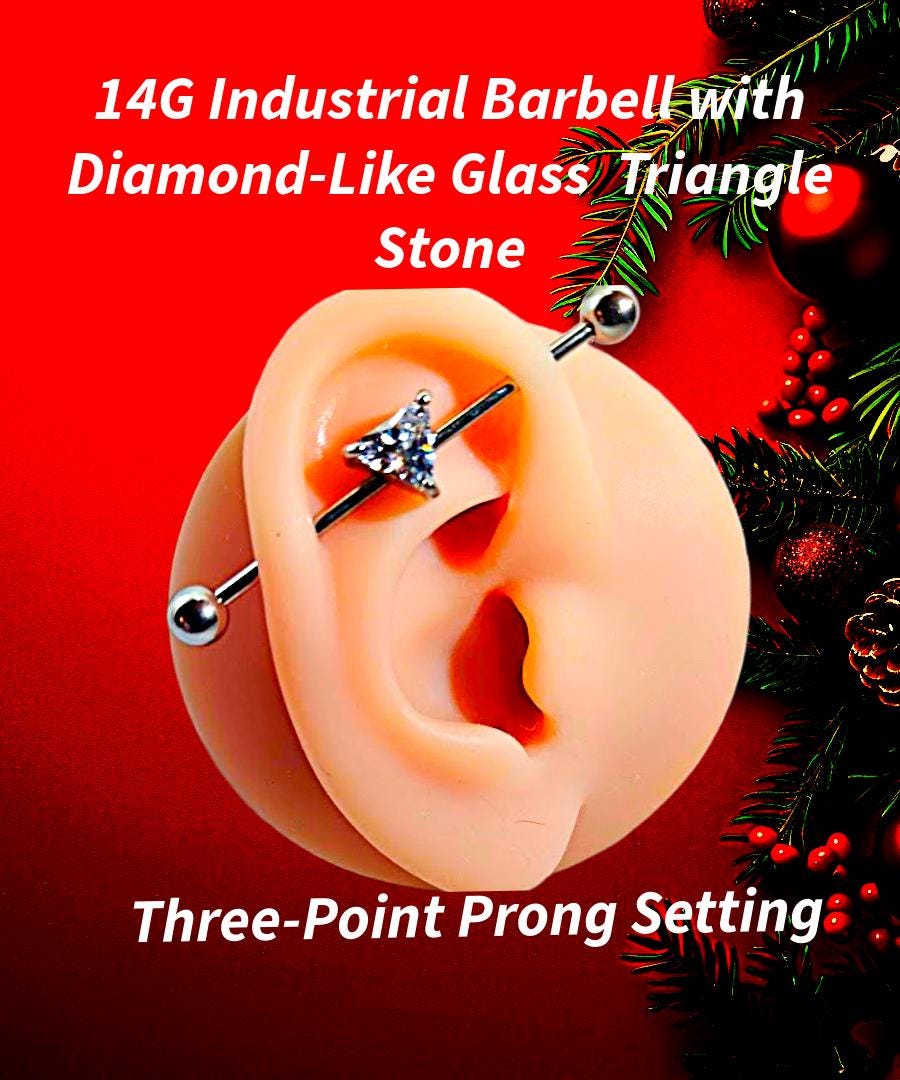 14G Industrial Barbell – Surgical Steel, Diamond-Like Triangle Stone, Scaffold & Cartilage