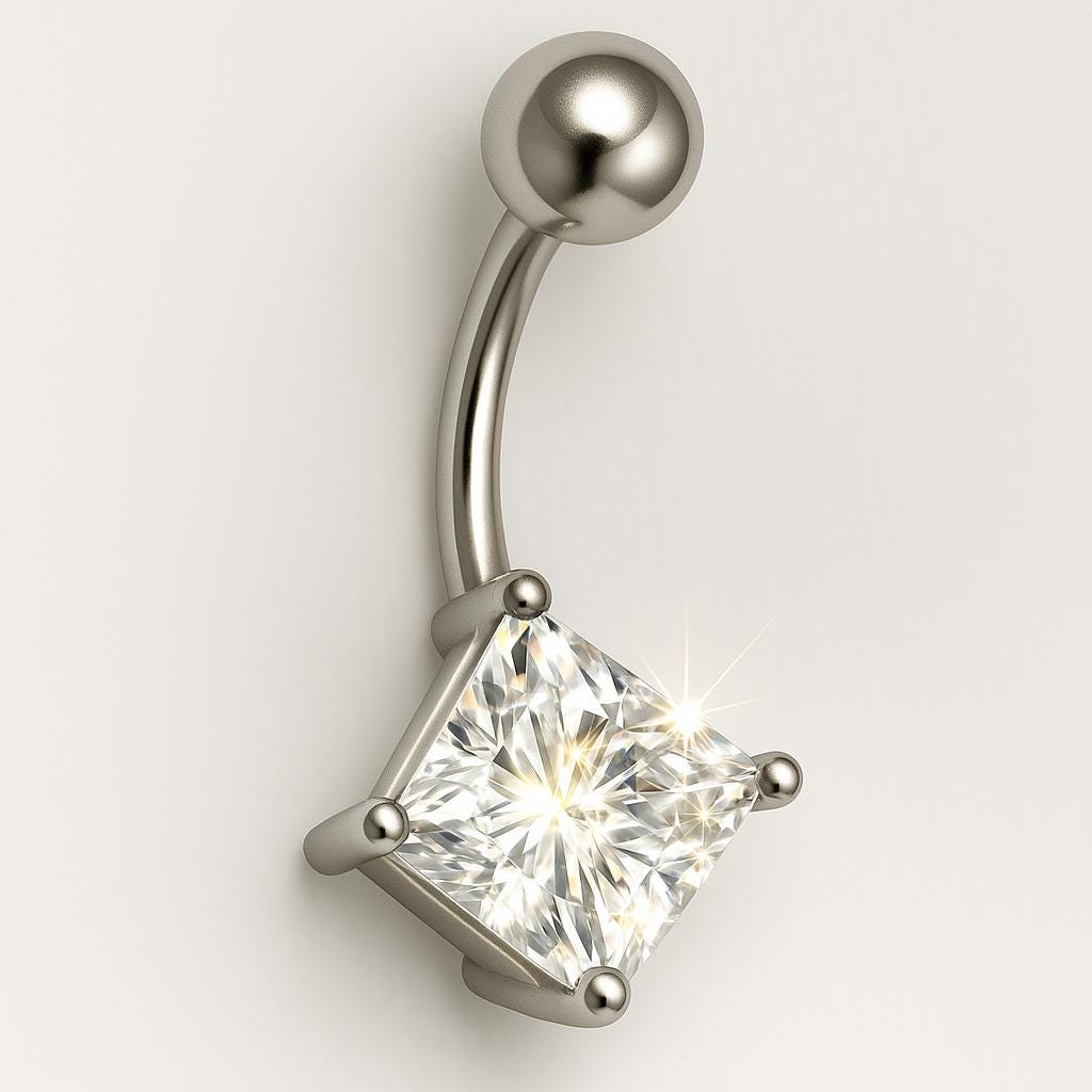14G Faux Diamond Square Belly Ring – Surgical Steel, 4-Point Prong Set