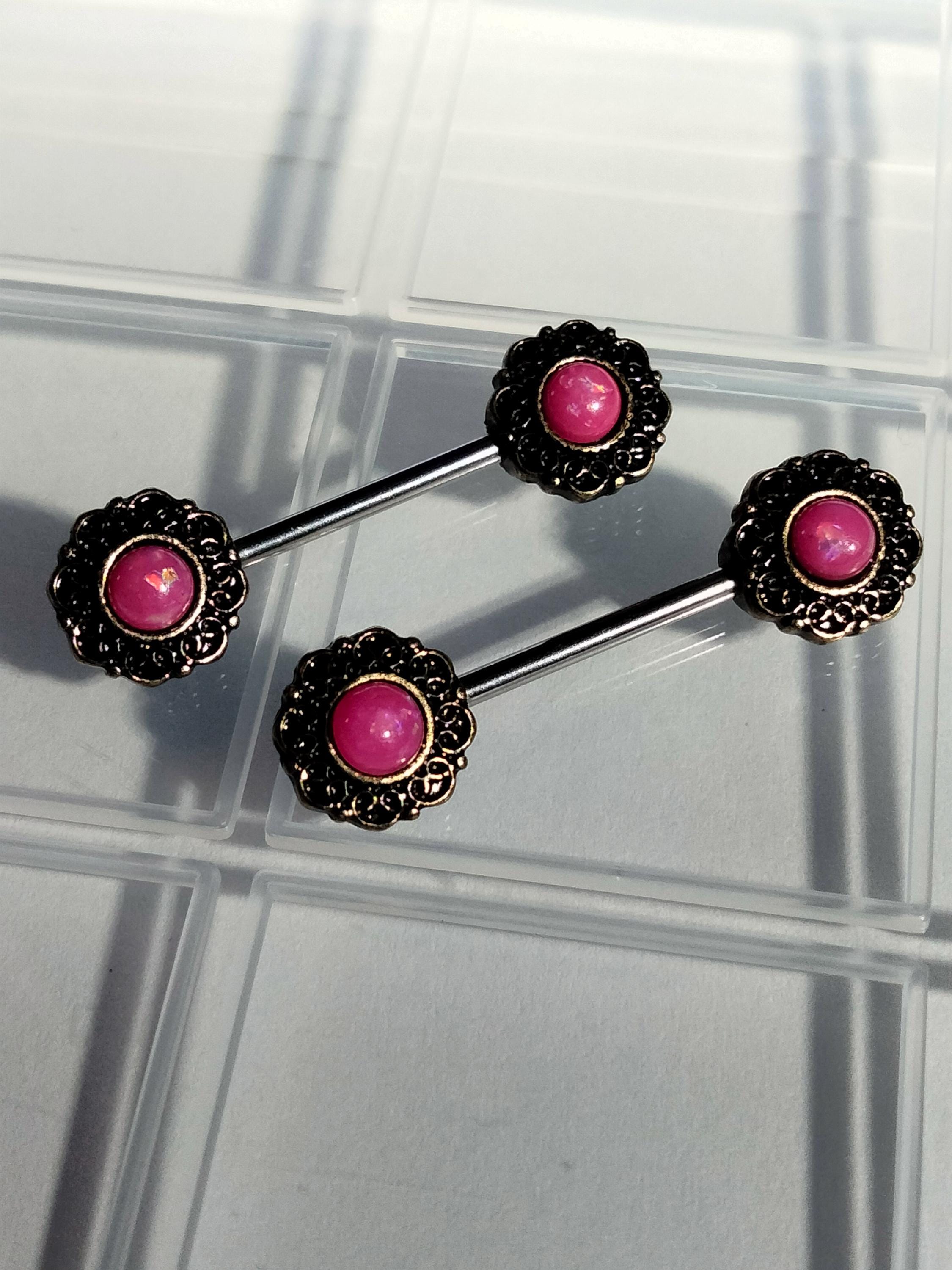 14G Faux Moonstone Nipple Rings – 316L Surgical Steel, Pink-Rouge Cabochon, Sold as Pair