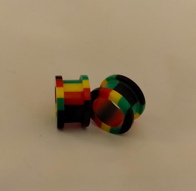 1/2" Rasta Stripe Acrylic Screw Tunnel – Black, Green, Yellow & Red, Sold as Pair