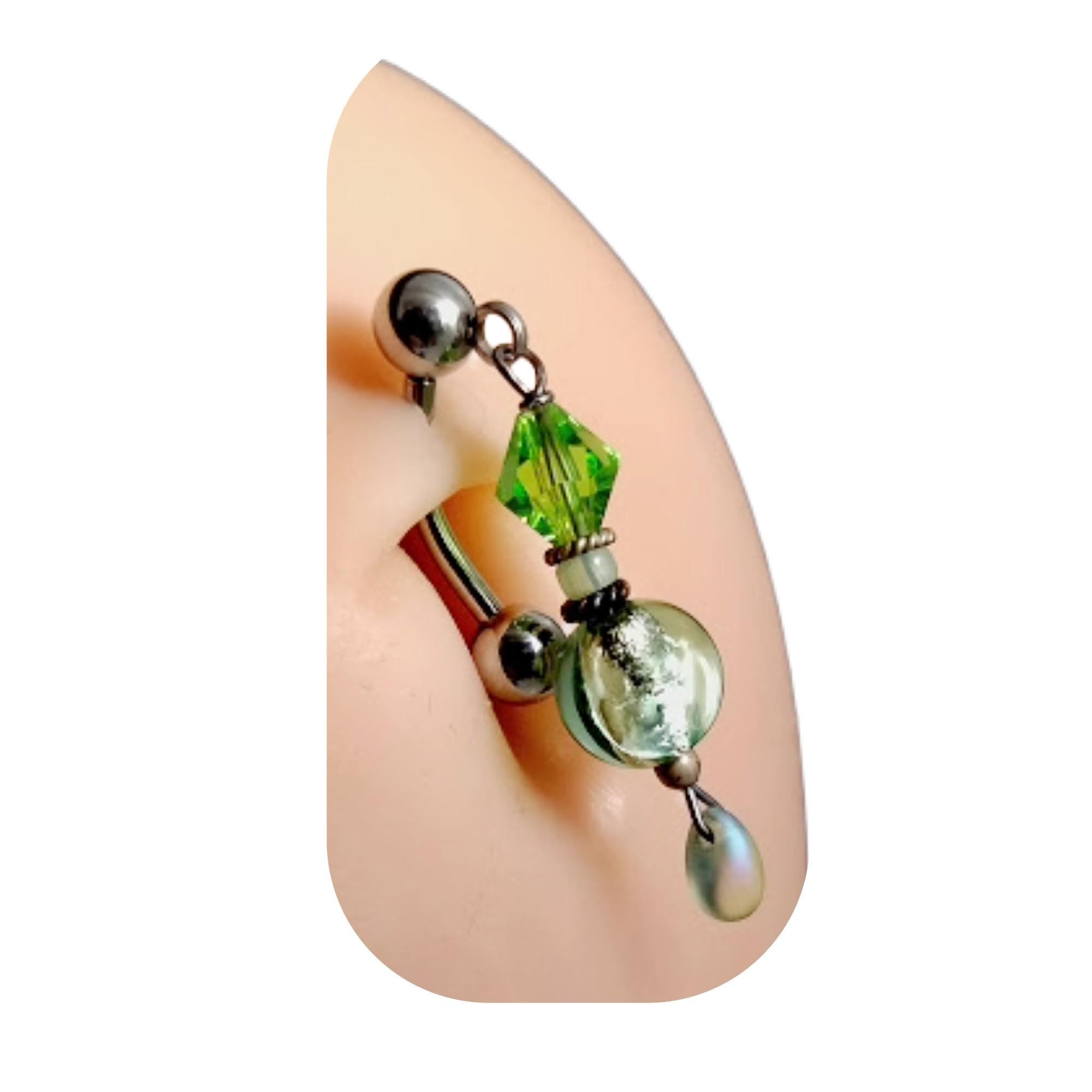 Green Glass Bead Dangle Belly Ring – 14G Surgical Steel