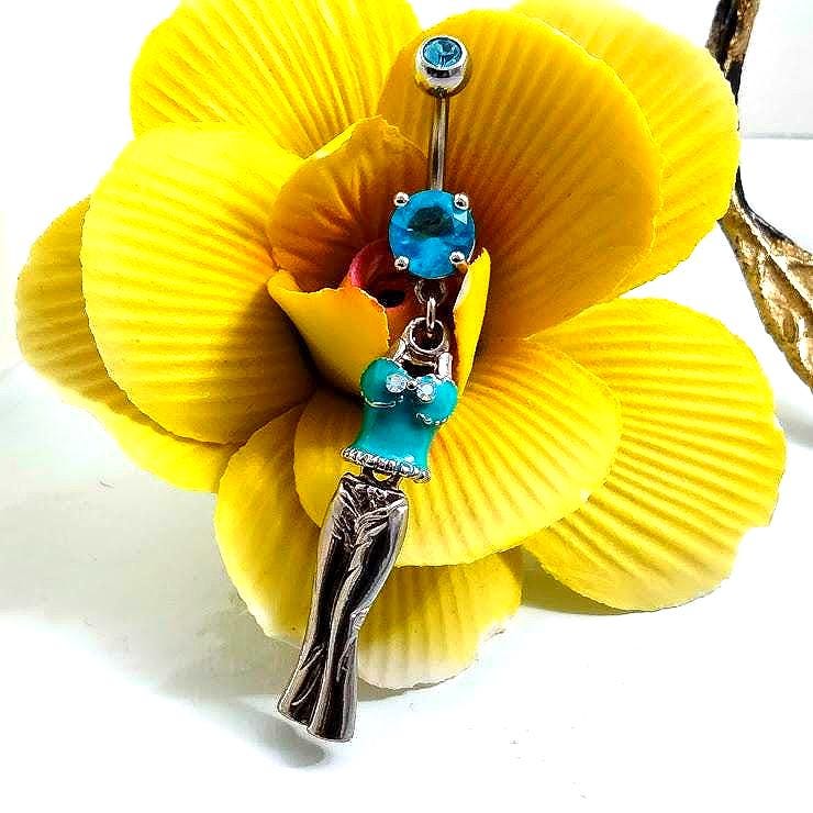 Turquoise Enamel Dangle Belly Ring – 14G Surgical Steel