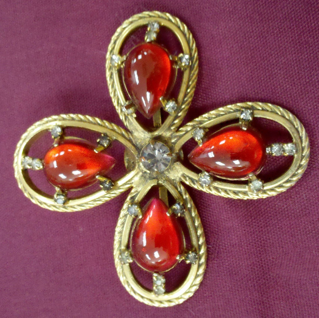 Vintage 1960s Signed Freirich Maltese Cross Brooch – Ruby Red Poured Glass & Rhinestones