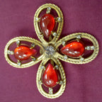 Vintage 1960s Signed Freirich Maltese Cross Brooch – Ruby Red Poured Glass & Rhinestones