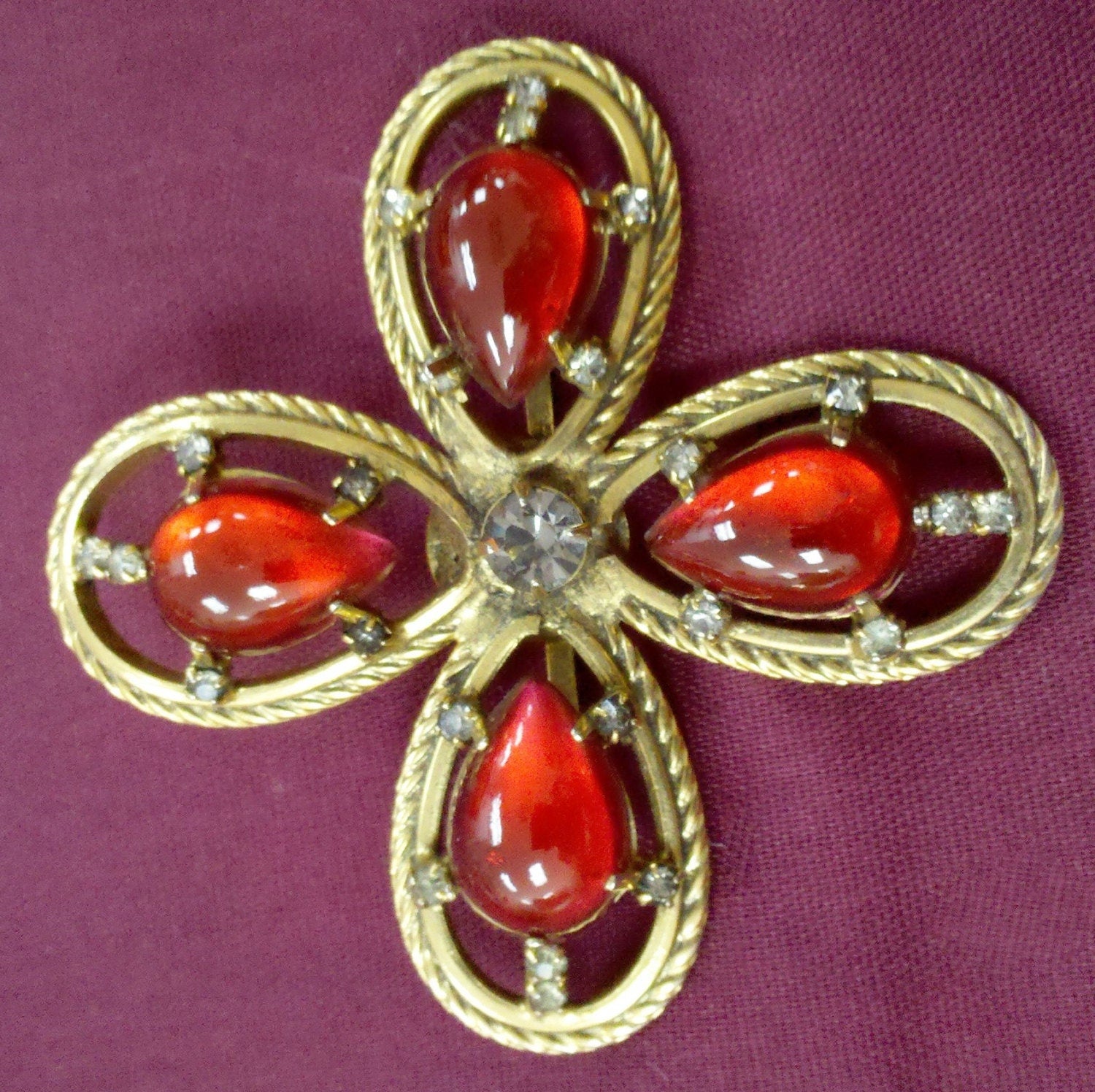 Vintage 1960s Signed Freirich Maltese Cross Brooch – Ruby Red Poured Glass & Rhinestones