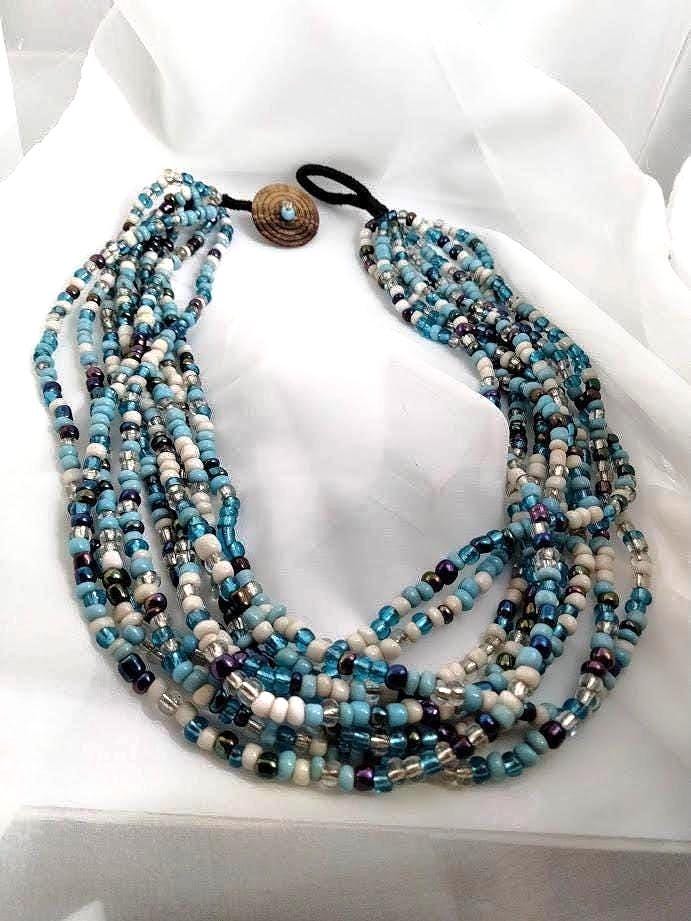 Vintage Nine-Strand Glass Bead Choker – Turquoise, Blue, Silver & More