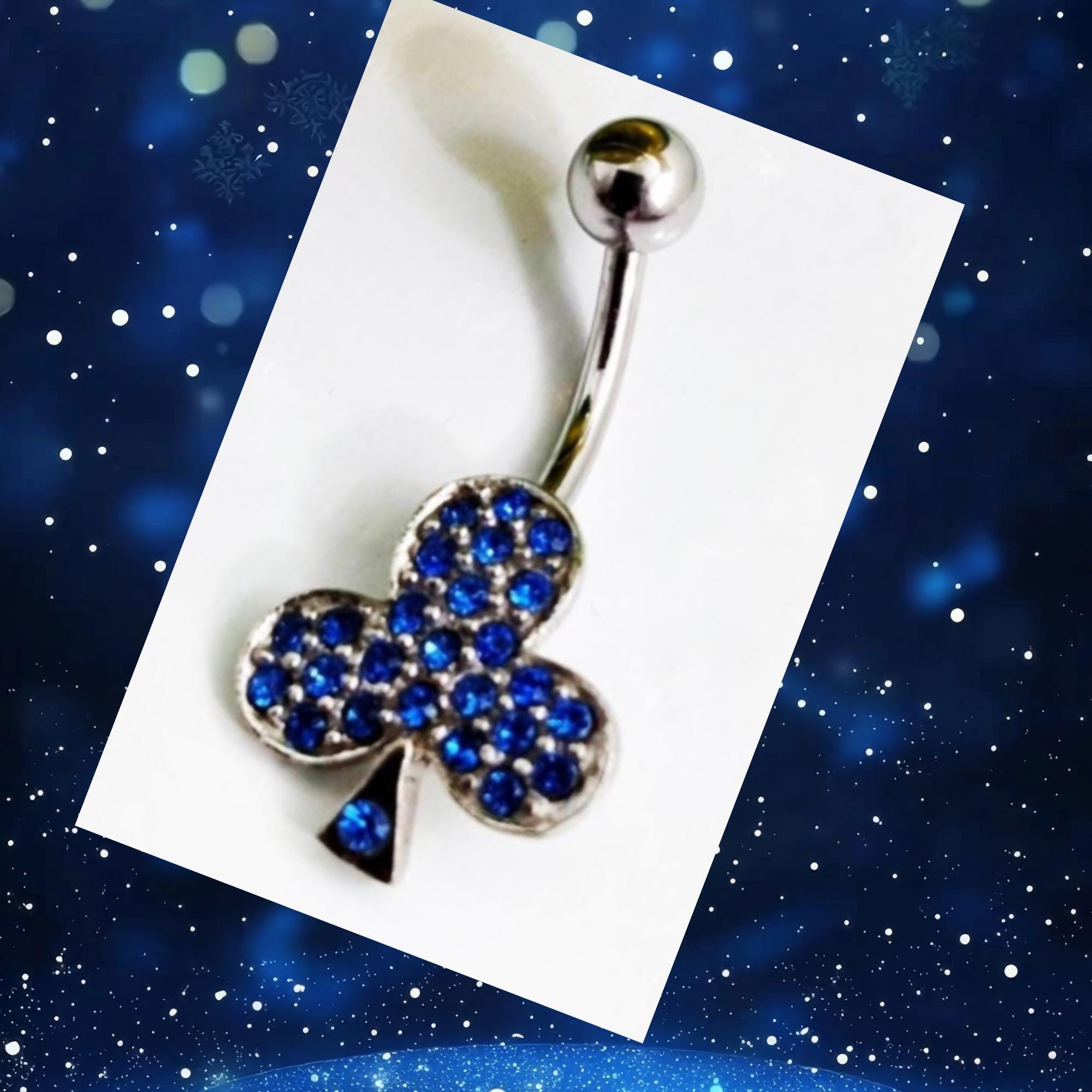 Blue Rhinestone Clover Belly Ring – Surgical Steel