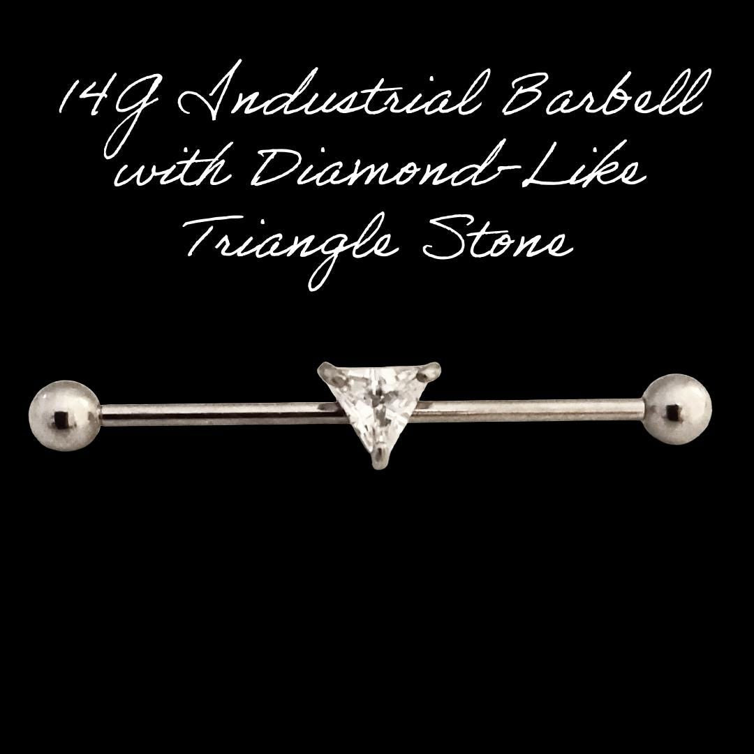 14G Industrial Barbell – Surgical Steel, Diamond-Like Triangle Stone, Scaffold & Cartilage
