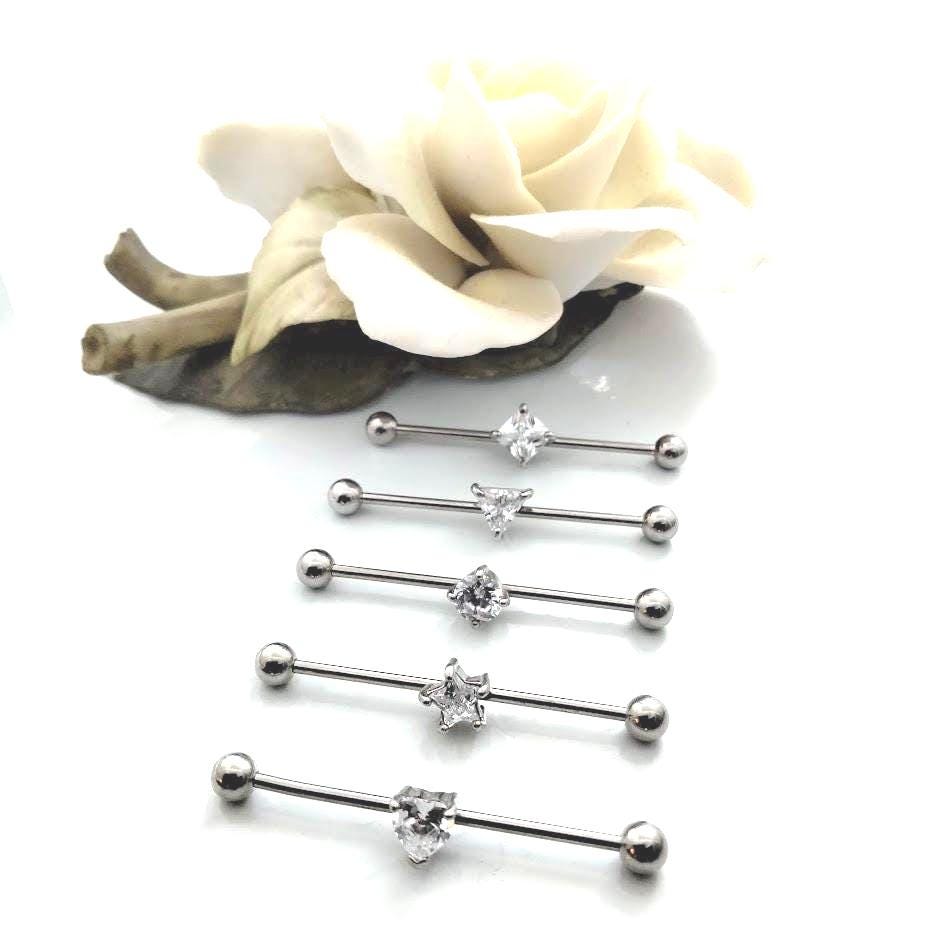 14G Industrial Barbell – Surgical Steel, Diamond-Like Heart Stone, Prong Set