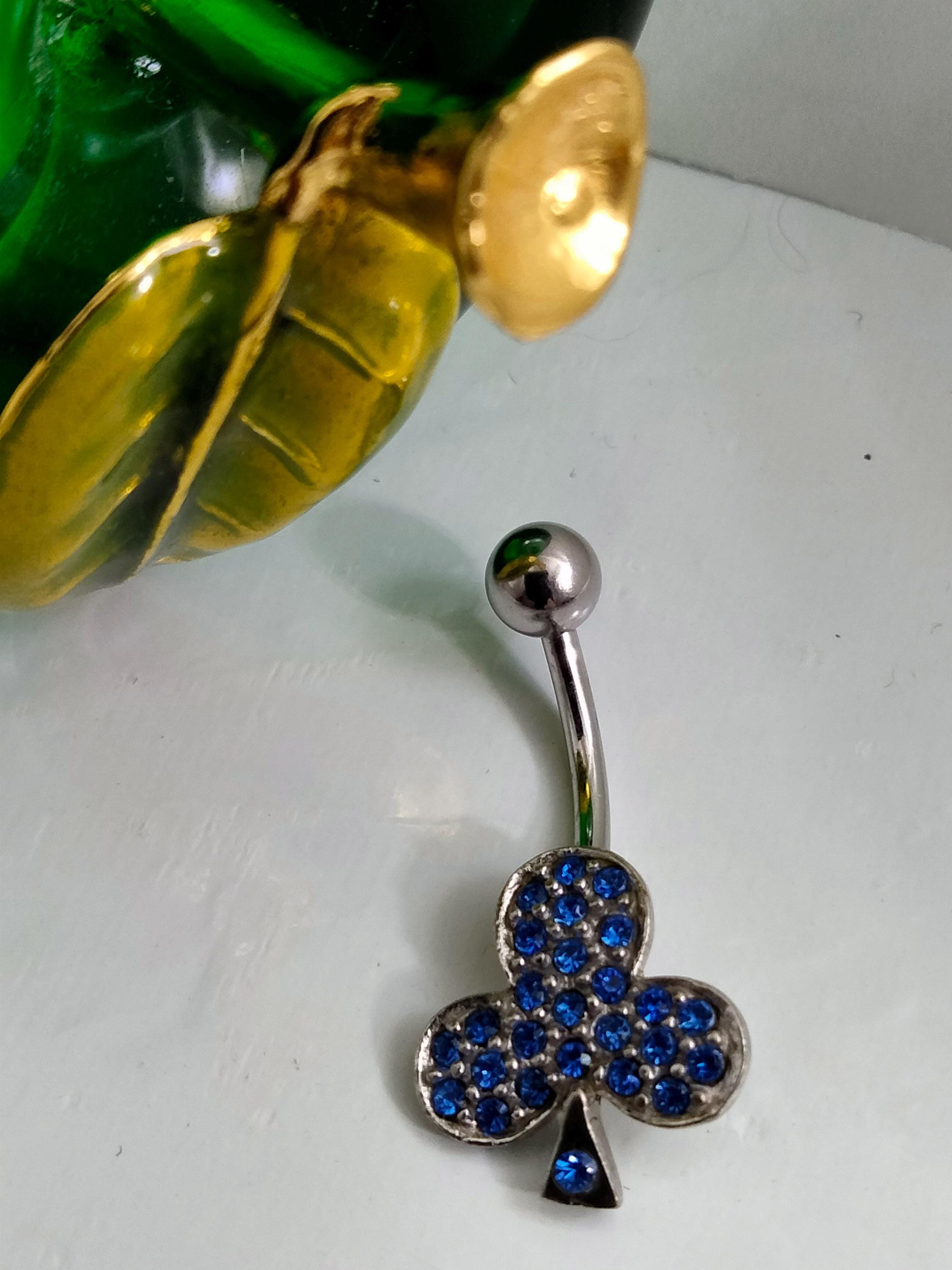 Blue Rhinestone Clover Belly Ring – Surgical Steel