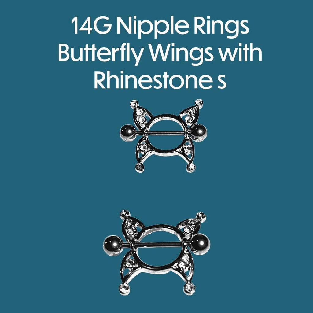 14G Butterfly Wing Nipple Shield – 316L Surgical Steel, Clear Rhinestones, Sold as Pair