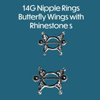 14G Butterfly Wing Nipple Shield – 316L Surgical Steel, Clear Rhinestones, Sold as Pair