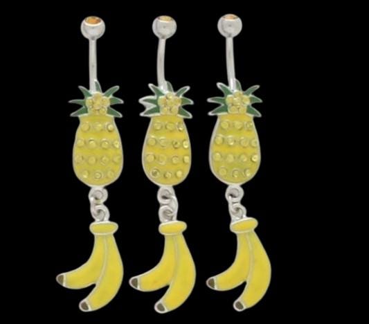 14G Pineapple Dangle Belly Ring – Surgical Steel with Yellow Rhinestones