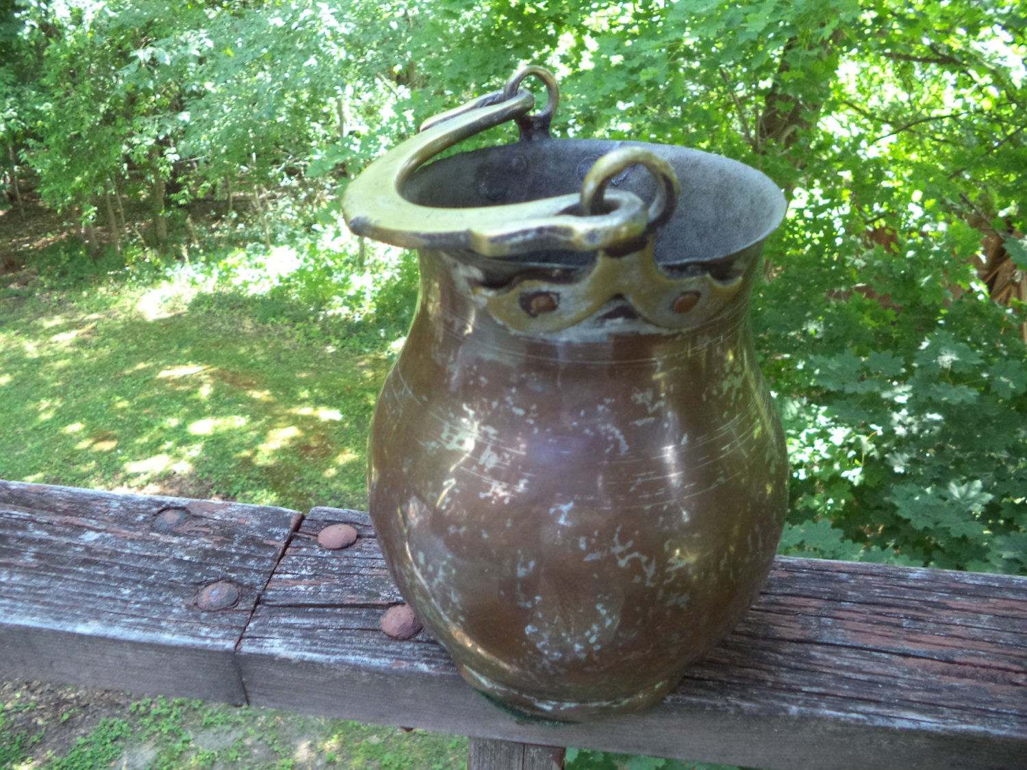 Antique Handmade Metal Bucket – Curved Pail with Gold Tone Handle & Original Hardware
