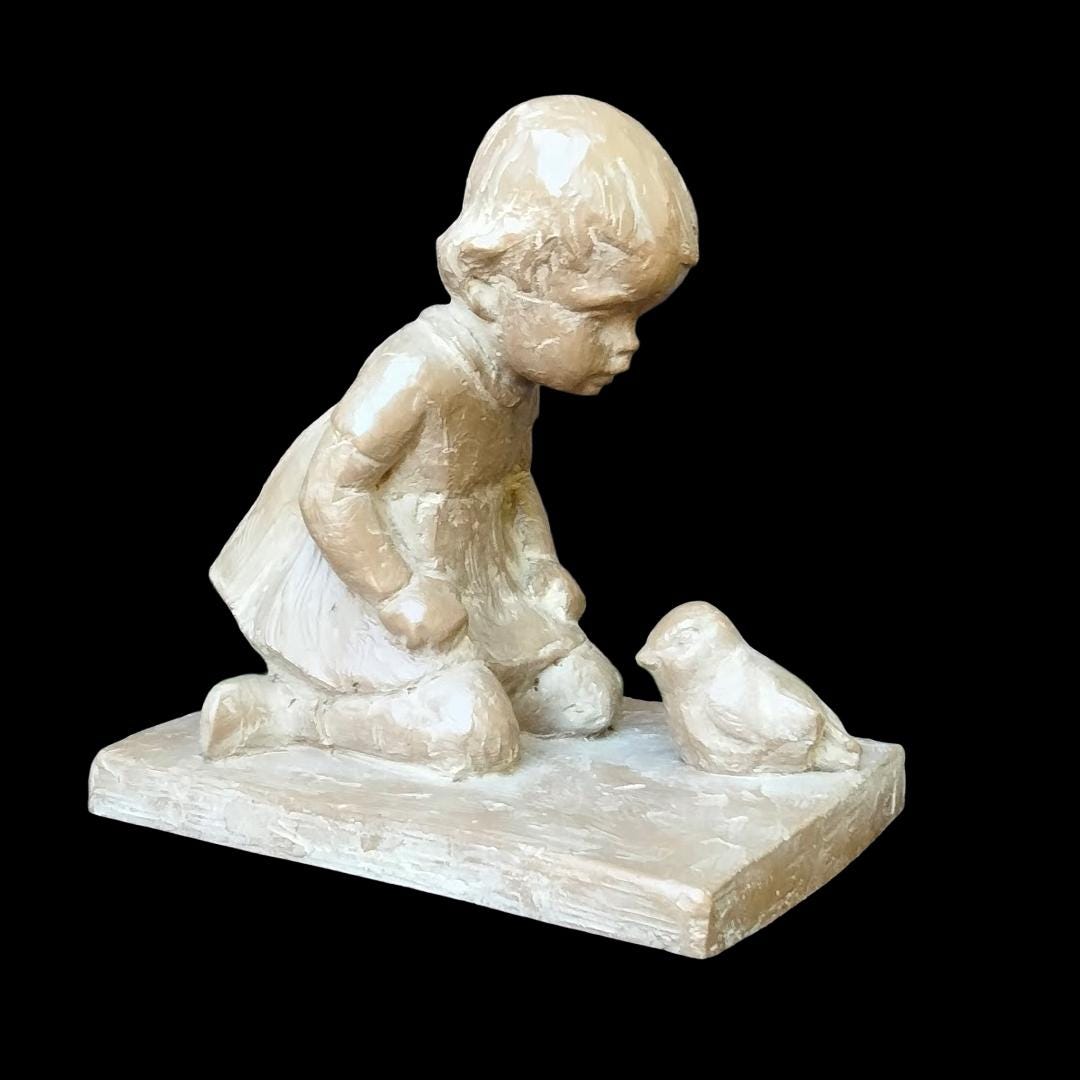 Vintage Haeger Ceramic Sculpture – Martie Strubel “Magical Moment” Kneeling Girl with Bird, 1980s