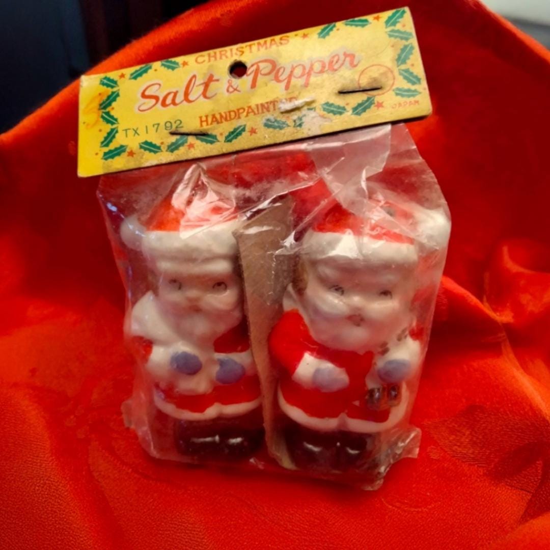Vintage 1960s Santa & Mrs. Claus Salt & Pepper Shakers + 1970s Plaster Sheep Ornament – Original Packaging