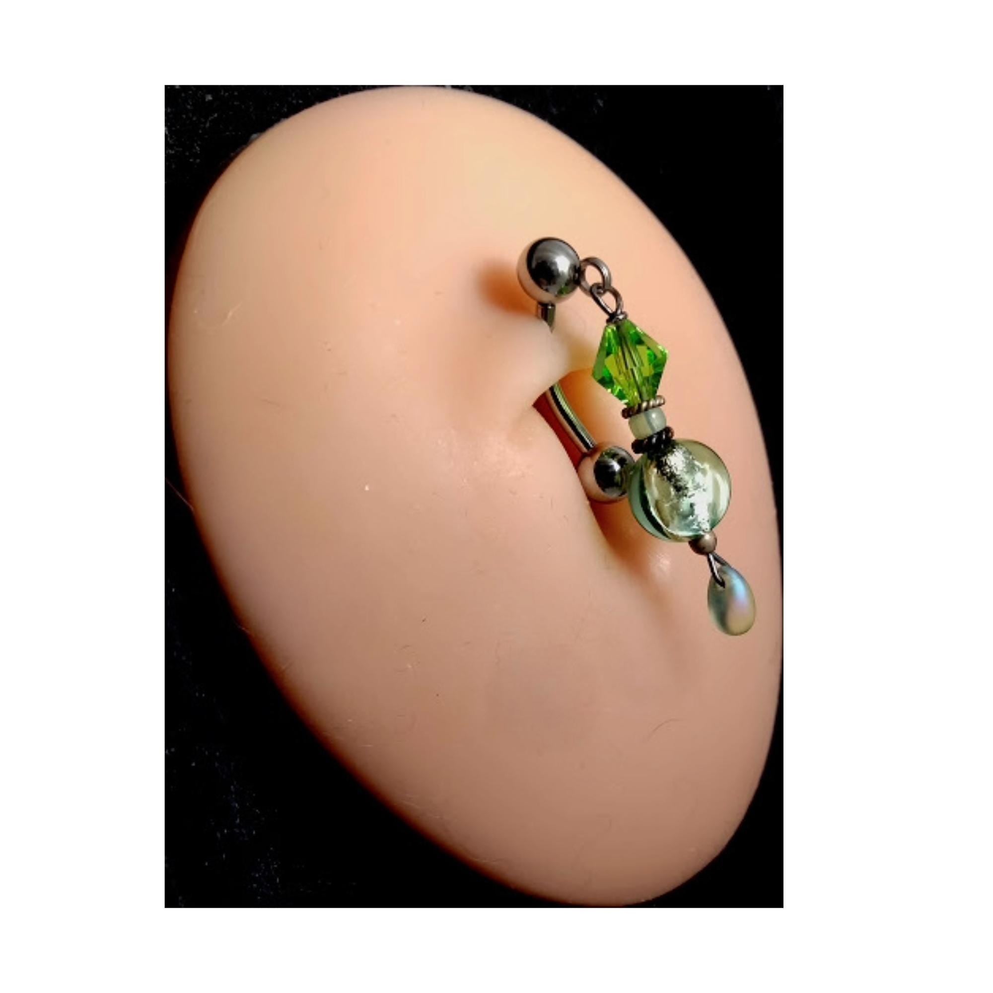 Green Glass Bead Dangle Belly Ring – 14G Surgical Steel